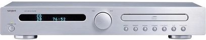 Tangent CDP-200 sølvfarvet CD-afspiller, frontpanel med LCD-display, knapper, drejeknap og CD-skuffe, set forfra