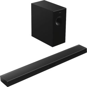 Panasonic SC-HTB600EG mat sort soundbar og matchende subwoofer, set forfra i let sidelæns perspektiv