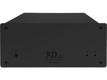 Аудио разделително захранване 3D Lab Nano Power 1, черен матов метален корпус, преден изглед, бутон ON, индикатори L1/L2