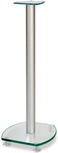 Cylindrisk højttallerstativ Alesco G175 i glas og metal, med rund transparent base og sølvfarvet midtersøjle