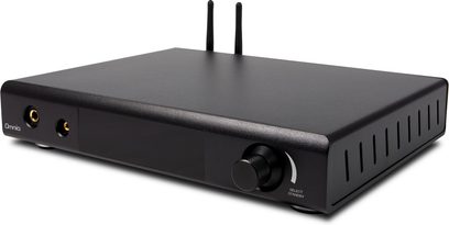 Nuprime Omnia A300SE sort hi-fi stereforstærker, set forfra, med to Wi-Fi-antenner og kontrolknapper øverst