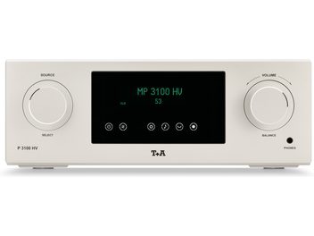 Silberner Stereo-Vorverstärker T+A P 3100 HV, von vorne gesehen, mit zentralem schwarzem Display und zwei großen Drehreglern
