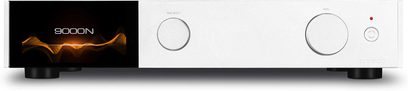 Nätverksljudspelare Audiolab 9000N silver med svart skärm som visar "9000N" och orange vågor, två runda knappar och en strömbrytare