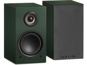 Deux enceintes acoustiques Triangle vertes, de forme cubique arrondie, avec haut-parleur noir central et logo doré