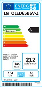 Europæisk energimærke for LG OLED65B6V-Z TV, klasse A, 212 kWh/år, 145 W, 164 cm, 65 tommer, 2010/1062-2014
