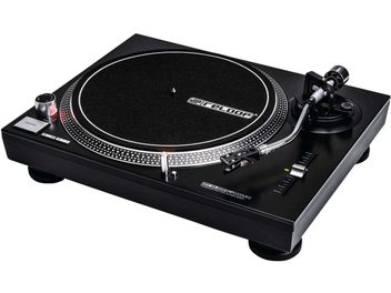 Hi-fi винилова грамофонна плоча Reloop RP 2000 MK2 черна, изглед отгоре, кръгъл плотер, тонарм, бутони и копчета