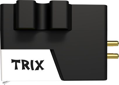 Siyah beyaz Ortofon VNL TRIX iğnesi, plastik gövde, yandan görünüm, iki altın kaplama pim görülebiliyor, TRIX logosu