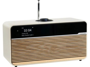 Altavoz conectado Ruark Audio R2 mk4 blanco, frontal de listones de madera clara, pantalla negra y antena telescópica