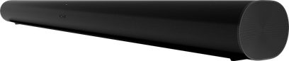 Sonos ARC soundbar i mat sort set forfra, sort akustisk gitter, aflang buet form