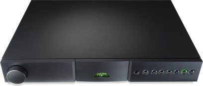 Naim Audio NAIT XS3 black stereo hi-fi amplifier, front view, with brushed aluminum front panel and 6 green control knobs