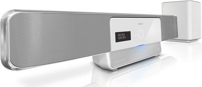 Philips HTS-8161 sølvfarvet soundbar med trådløs højttaler, LED-display, set forfra og fra siden