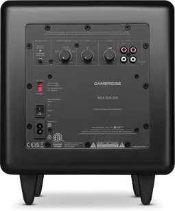 Subwoofer Cambridge Audio MSX Sub 300 černý, pohled zezadu s ovládacím panelem, RCA konektory a nožičkami