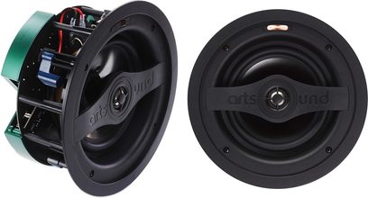 Inbouwplafondluidspreker ArtSound SMART IN SET, voor- en zijaanzicht, rond, zwart, interne componenten zichtbaar