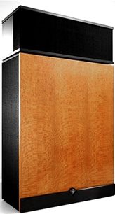 Klipsch Klipschorn 60-års jubilæums gulvhøjttaler set fra 3/4 vinkel, træ kabinet, sort horn, kompressionsdiskanthøjttaler