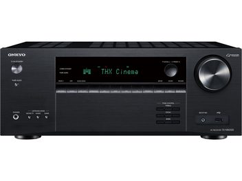 Onkyo TX-NR6100 svart hjemmekinoforsterker, frontvisning, grønn "THX Cinema"-skjerm, mange knapper og kontakter