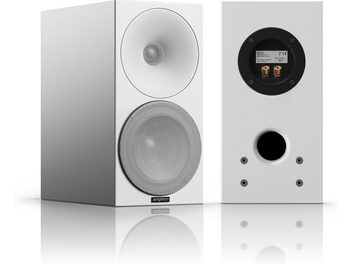 Diffusore da libreria Amphion Helium 510 bianco, visto di fronte e di lato, altoparlanti, tweeter, porta bass reflex sul retro