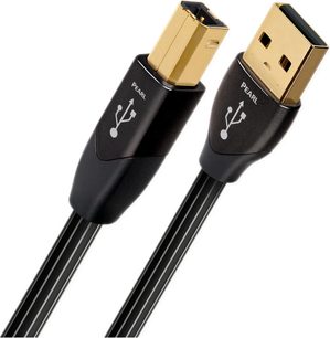 Du auksiniai USB jungtys, viena A tipo ir kita B tipo, prijungtos prie 3 metrų juodų Audioquest Pearl laidų galų