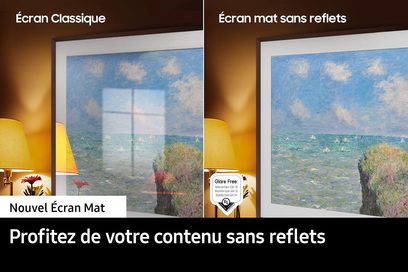 Samsung F-TQ65LS03D-BF, mat skærm uden refleksioner, set forfra, rektangulær ramme, billede af havlandskab, gul lampe