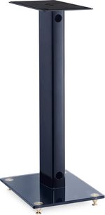 Soporte de altavoz S05 azul, estructura vertical rectangular con aberturas circulares, base cuadrada de vidrio, puntas metálicas