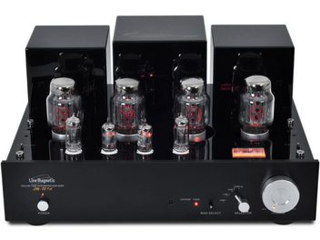 Line Magnetic LM-88IA fekete csöves hi-fi erősítő, elölnézet, 6 vákuumcső, előlapon gombok és csatlakozók