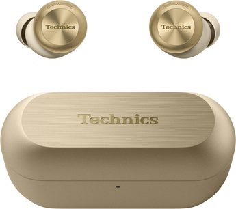 Бездротові внутрішньоканальні навушники Technics EAH-AZ100E золотистого кольору з відповідним зарядним футляром, вигляд спереду