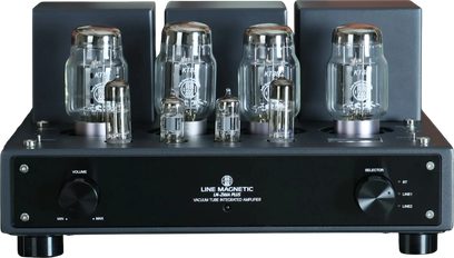 Line Magnetic LM-216IA Plus sort integreret stereorørforstærker, set forfra med otte synlige rør