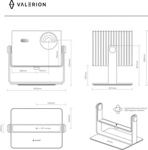 Black and white technical drawing of the Valerion DGS-01-Desktop Gimbal Stand video projector mount, rectangular structure with vertical side supports and flat base, central horizontal bar with 1/4" threading, 360° rotatable top platform, material unspecified, front, side, top, and perspective views