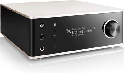 Denon DRA-100 sort hi-fi stereoforstærker, frontvisning, LED-display, knapper og drejeknap på frontpanelet