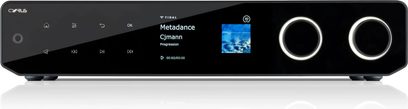 Cyrus 80 AMP black stereo integrated amplifier, glass front panel with central color screen and two large knobs