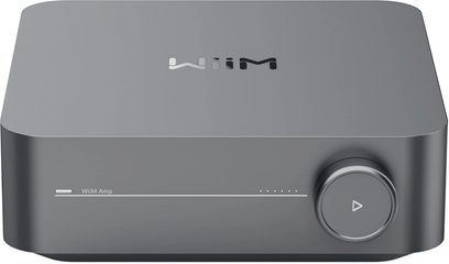 Ενισχυτής hi-fi στερεοφωνικός WiiM AMP σκούρο γκρι, με θέα από μπροστά, με κυκλικό κουμπί στα δεξιά και φωτεινές ενδείξεις στα αριστερά