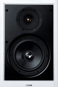 Jamo IW807 indbygningshøjttaler til loft, set forfra, firkantet, hvid ramme, sort front, 2 højttalere