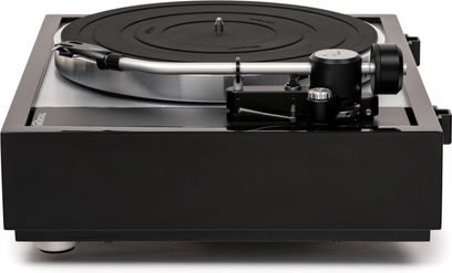 Giradischi hi-fi Thorens TD 1600 con TP160, vista frontale, scocca nera, piatto circolare, braccio di lettura argentato
