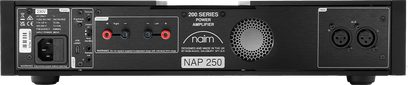 Eestvaade Naim Audio NAP 250 võimsusvõimendile, millel on must esipaneel, nupud, pordid ja spiraalse logoga