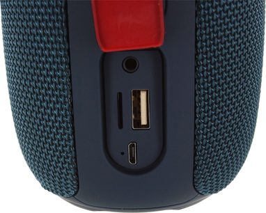 Bluetooth-højttaler Yourban Getone 25 blå, set forfra, tekstureret stof, USB-porte, mikro USB, jackstik, SD-kortslot