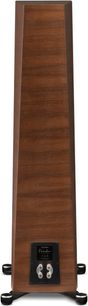 Paradigm Founder 100F floorstanding speaker in walnut finish, front view, dark wood, black speakers, black base