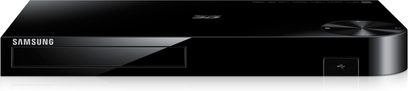 Samsung BD-F6500 sort Blu-ray-afspiller, set forfra, aflang rektangulær form, blank frontpanel med diskåbning og logo