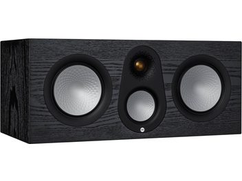 Monitor Audio Silver C250 7G keskikaiutin mustassa tammessa, 3 mustaa pyöreää kaiutinelementtiä tummassa puukuoressa, etunäkymä