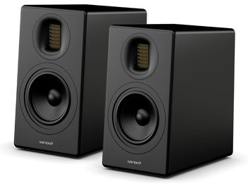 Diffusori da scaffale Sonoro Orchestra Slim Gen 2 neri, cabinet rettangolare, woofer rotondo e tweeter a nastro verticale
