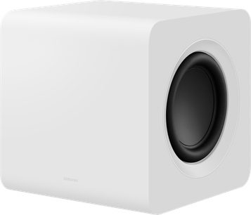 Soundbar Samsung HW-S801B bianca, vista frontale da vicino dell'altoparlante destro di forma cilindrica