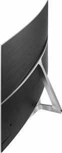 Šoninis vaizdas Samsung UE55MU9005 televizoriaus, ypač plono, išlenkto ekrano, sidabrinės metalinės rėmelio, A formos stovo