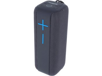 Enceinte bluetooth Yourban Getone 40, vue en angle, forme rectangulaire, tissu noir, boutons bleus plus et moins, panneau supérieur avec commandes
