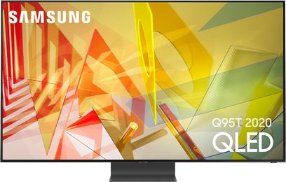 Televizor Samsung QE55Q95T 2020 QLED, plochá obdélníková obrazovka, tenký černý rámeček, na obrazovce barevné geometrické vzory