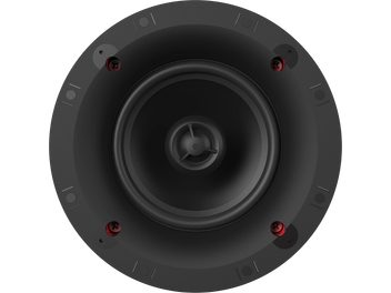 Klipsch DS-160-C Sky Hook siyah gömme hoparlör, ön görünüm, 4 kırmızı vida ile siyah ızgara, merkezde tweeter
