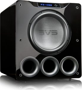 SVS PB-4000 sort lakeret kubisk baskabin, centerhøjttaler, 3 bassrefleksporte, gitter, LED-display, kontroller