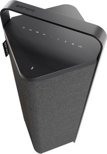 Altoparlante Bluetooth portatile Sonoro Vibes XL nero con maniglia integrata, frontale in tessuto grigio e comandi touch superiori