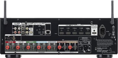 Zesilovač domácího kina Denon AVR-X1400H černý, zadní strana, pohled shora, množství audio/video vstupů a reproduktorových svorek