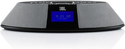 JBL On Time 400ID sort dockingstation, set forfra, blå display "9:21 AM", stribet metalrist på toppen