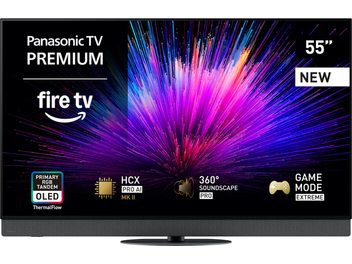 Aukštos raiškos televizorius Panasonic TV-55Z95B, juodas, su plonu metaliniu rėmeliu ir stikline priekine dalimi, matomas iš priekio, pastatytas ant ovalaus centrinio stovo