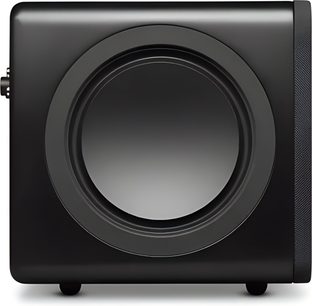 Cambridge Audio MSX Sub 200 juodas žemų dažnių garsiakalbis (subwooferis), šoninis vaizdas su dideliu centriniu apskritimu garsiakalbiu