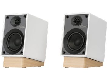 GX-10DB wireless connected speakers, white rectangular enclosures, black fronts, 2 circular speakers, wooden stands